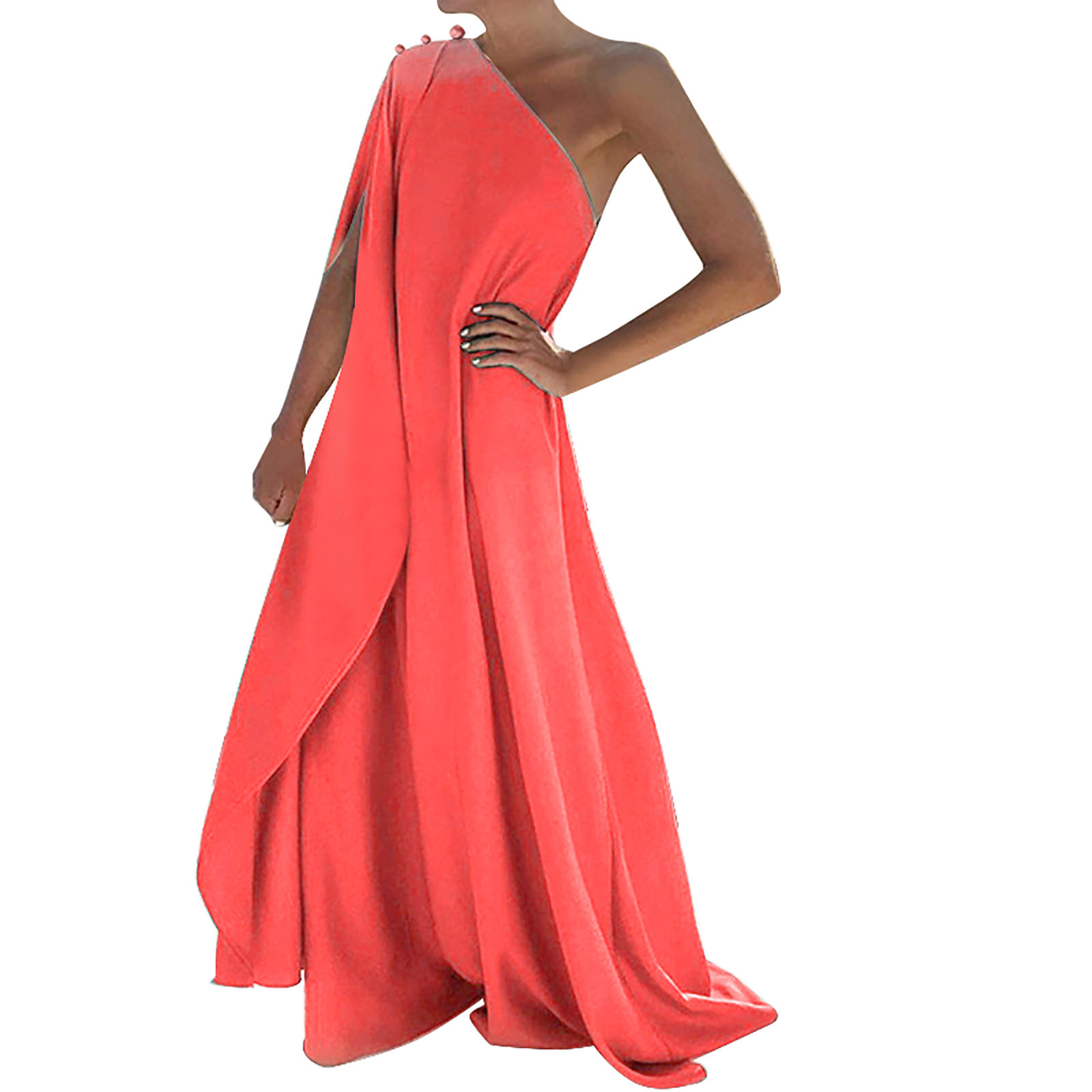 Vestido largo boho de un solo hombro para mujer - Color liso, fluido - Informal/playa/vacaciones - Mezcla de poliéster y spandex